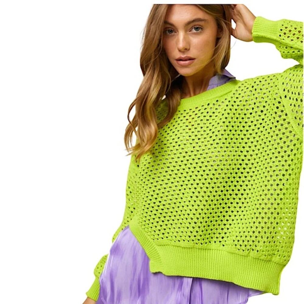 Davi & Dani Neon Yellow/Green Semi Sheer Knit Top Sweater Large NEW Boutique
